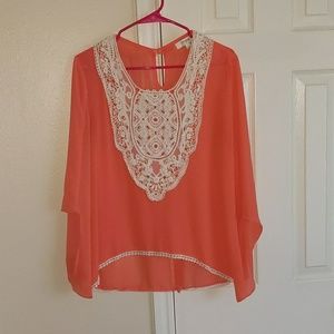 Coral chiffon lace trim blouse